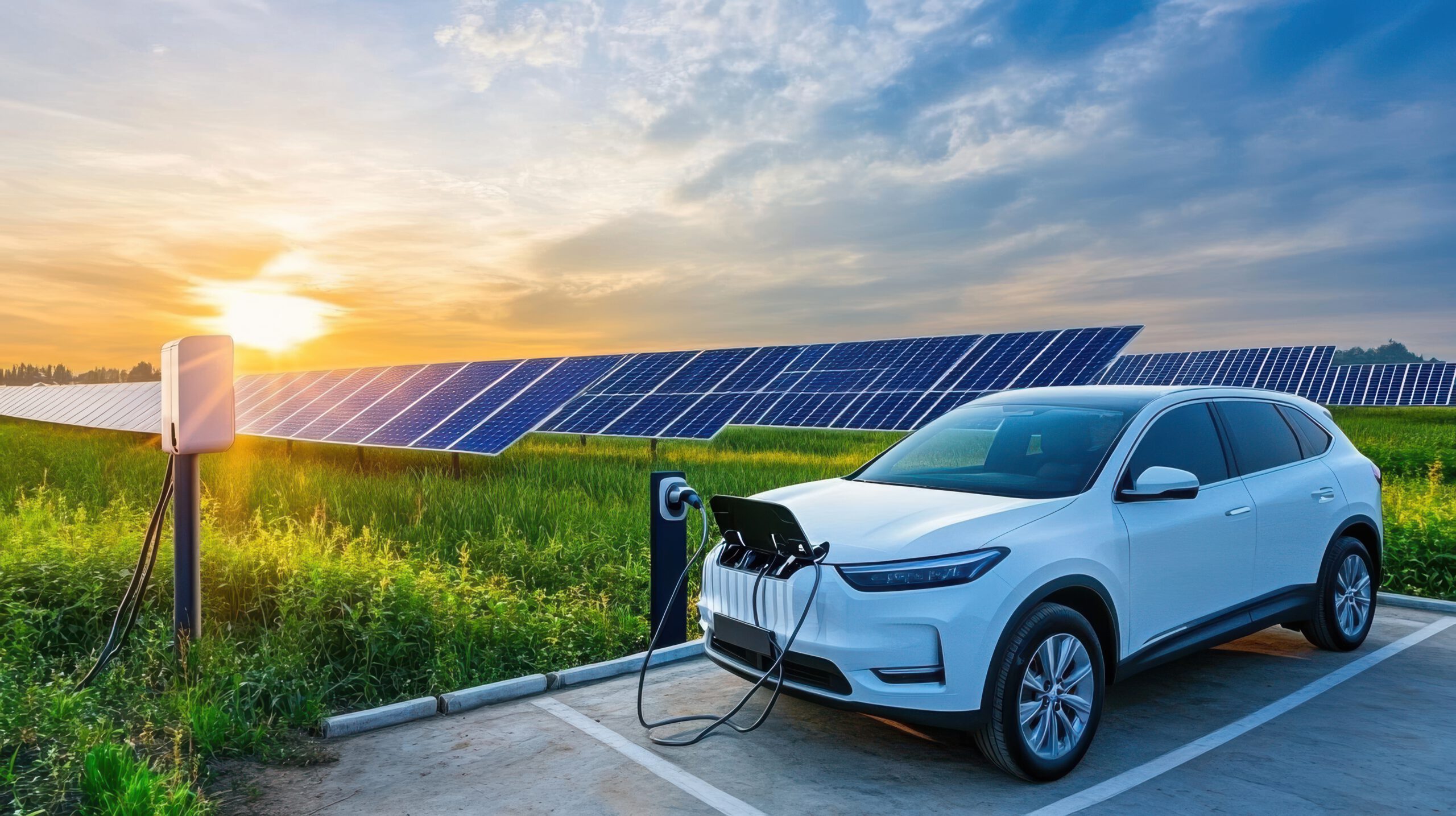 Electric Car Charging Station At Sunset With Solar Panels